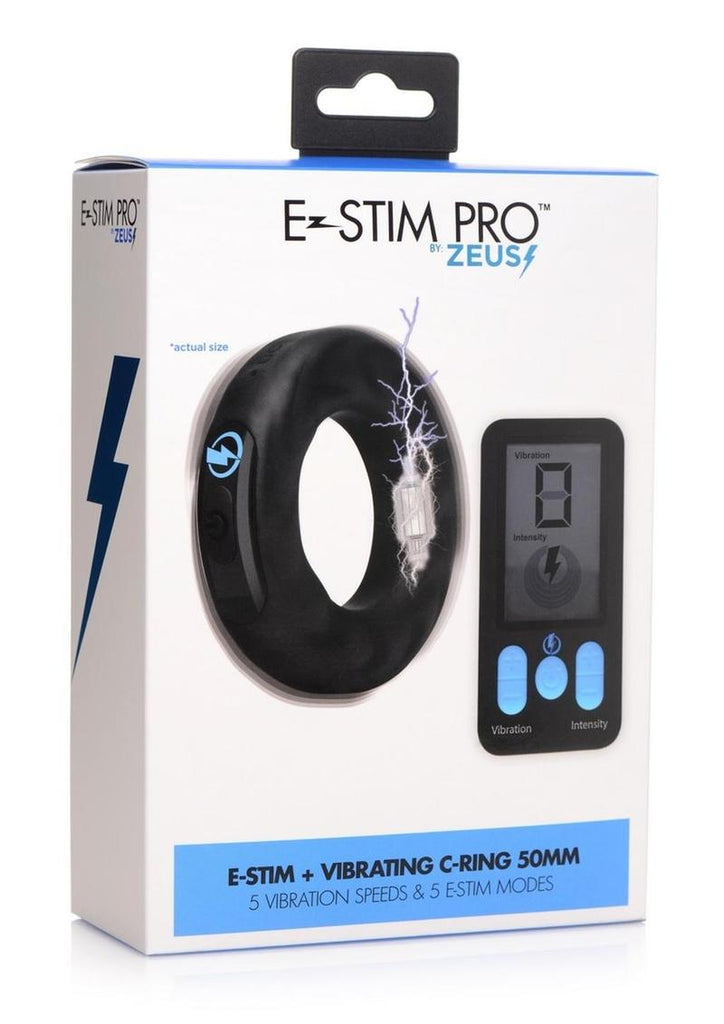 Zeus Vibrating and E-Stim Rechargeable Silicone Cock Ring with Remote Control - Black - 50mm