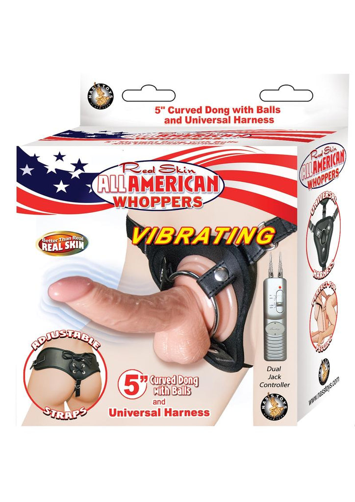 All American Whoppers Vibrating Curved Dildo with Balls and Universal Harness - Flesh/Vanilla - 5in