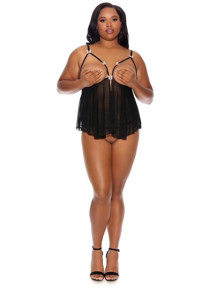 Barely Bare Cupless Babydoll and Open Thong - Black - Plus Size/Queen