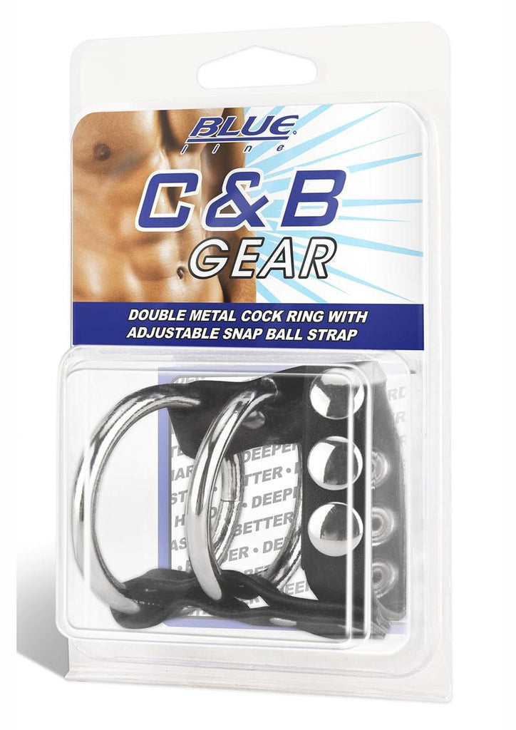 Blue Line C and B Gear Double Metal Cock Ring with Adjustable Snap Ball Strap - Black/Metal