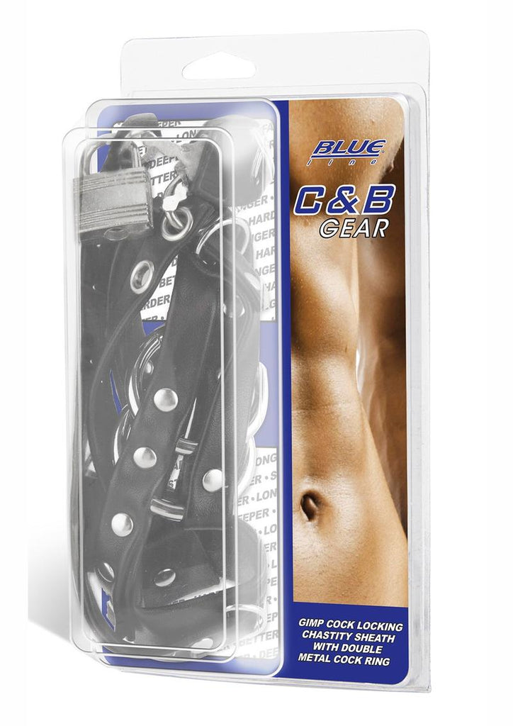 Blue Line C and B Gear Gimp Cock Locking Chastity Sheath with Metal Double Cock Ring - Black/Metal