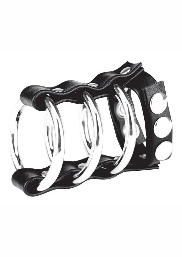 Blue Line C and B Gear Triple Metal Cock Ring with Adjustable Snap Ball Strap - Black/Metal