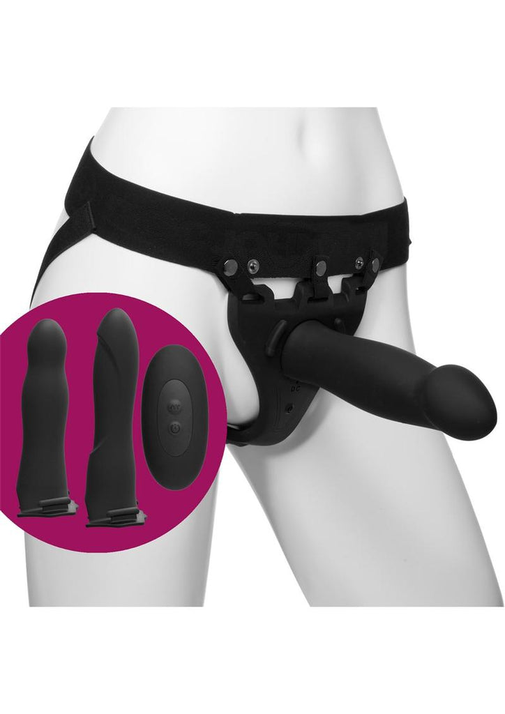 Body Extensions Be Naughty Silicone Strap-On Rechargeable Vibrating Harness with 2 Hollow Dildos and Remote - Black - 7.5in/7in - 4 Piece Set