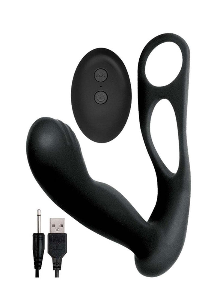 Butts Up Rechargeable Silicone Prostate Massager with Scrotum and Cock Ring - Black
