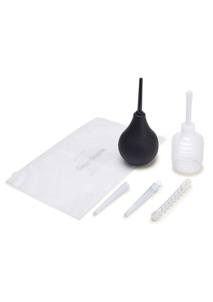 Cleanscene Anal Douche Set with Flexible Tip Head - Black/White - 7 Piece