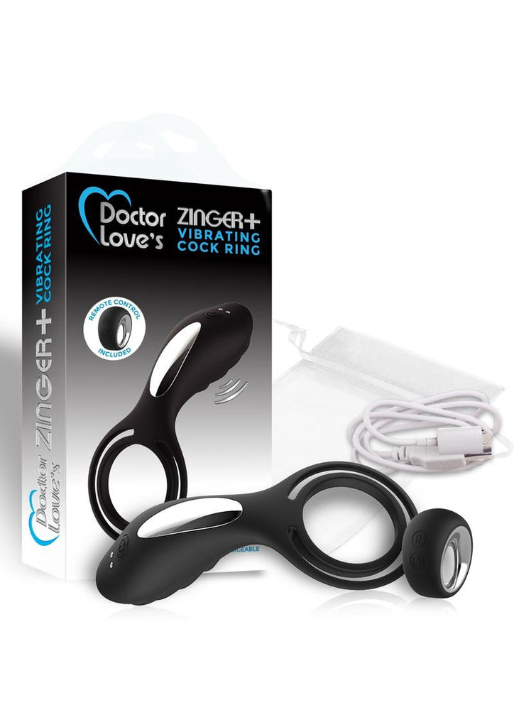 Doctor Love's Zinger Plus Silicone Rechargeable Vibrating Cock Ring with Remote Control - Black