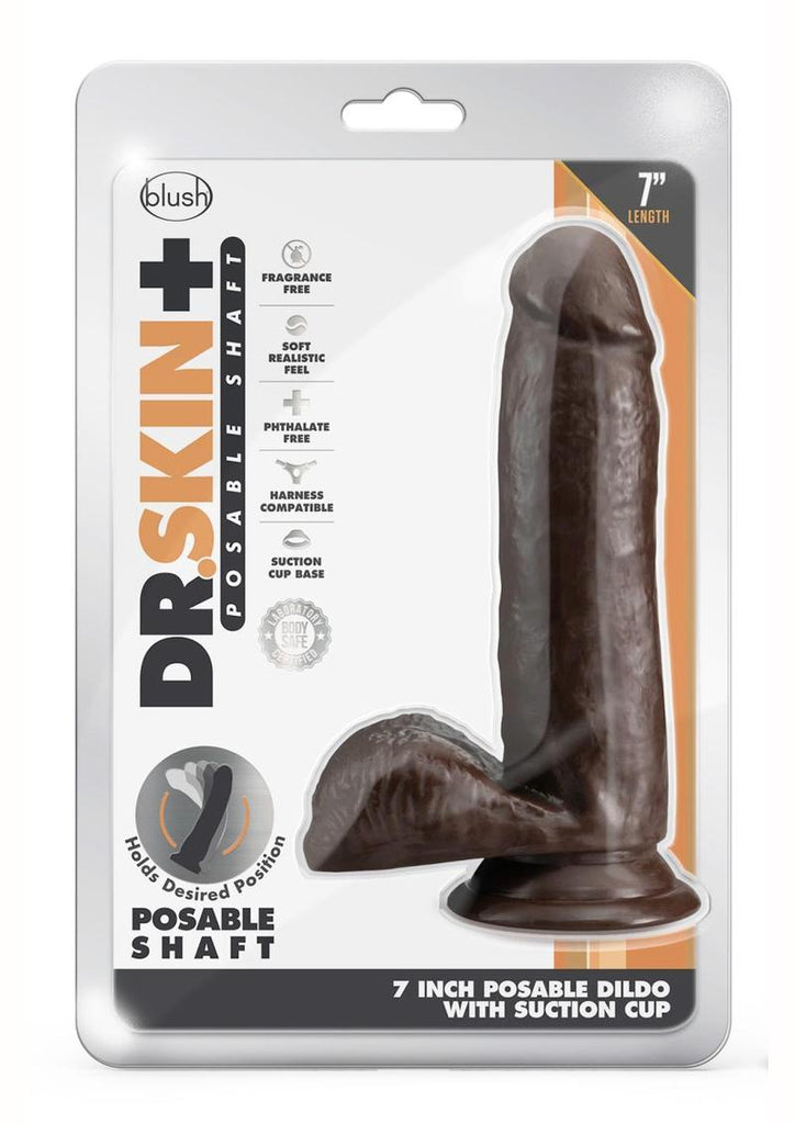 Dr. Skin Plus Posable Dildo with Balls and Suction Cup - Chocolate - 7in