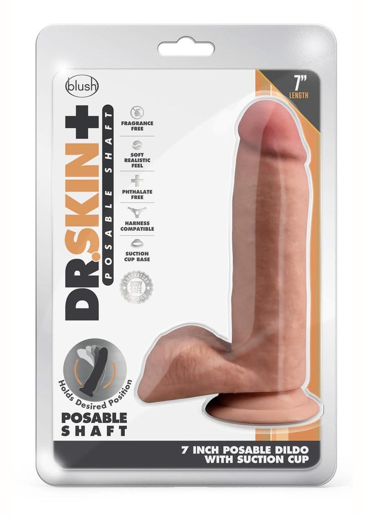 Dr. Skin Plus Posable Dildo with Balls and Suction Cup - Caramel/Mocha - 7in
