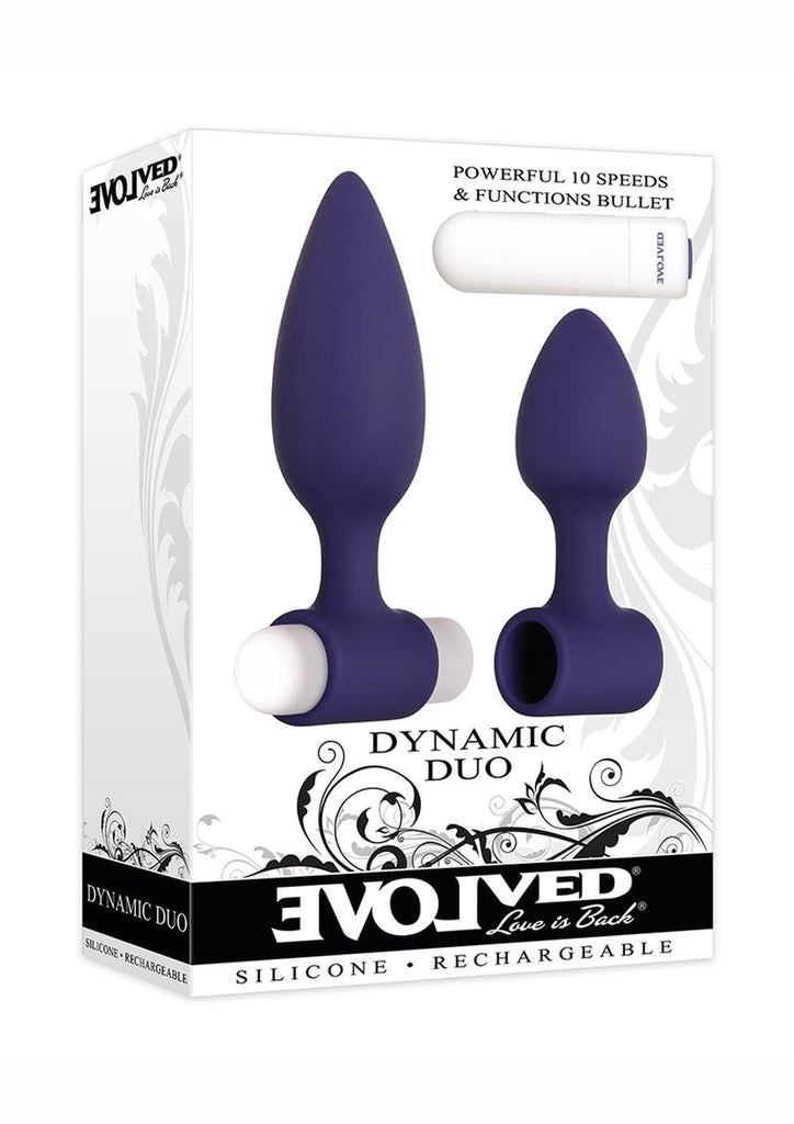 Dynamic Duo Rechargeable Silicone Vibrating Butt Plug - Purple/White - Large/Small - Set