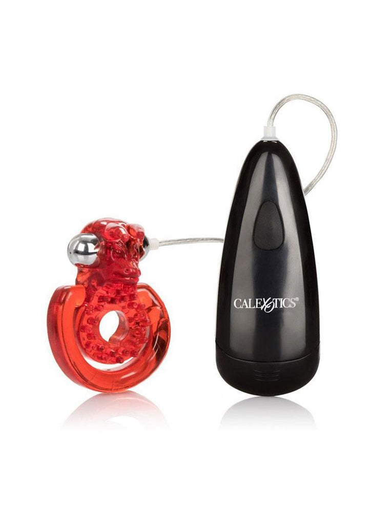 Elite Sexual Exciter Ruby Vibrating Cock Ring with Clitoral Stimulation - Glow In The Dark/Red