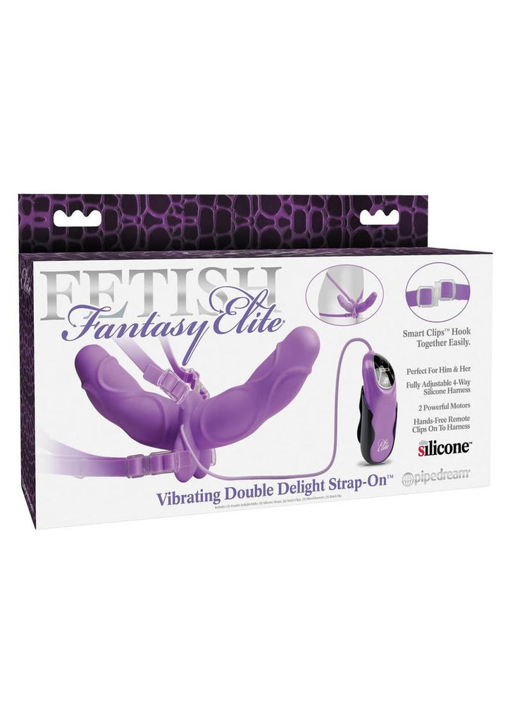 Fetish Fantasy Elite Vibrating Double Delight Strap-On Silicone Waterproof - Purple - 10in