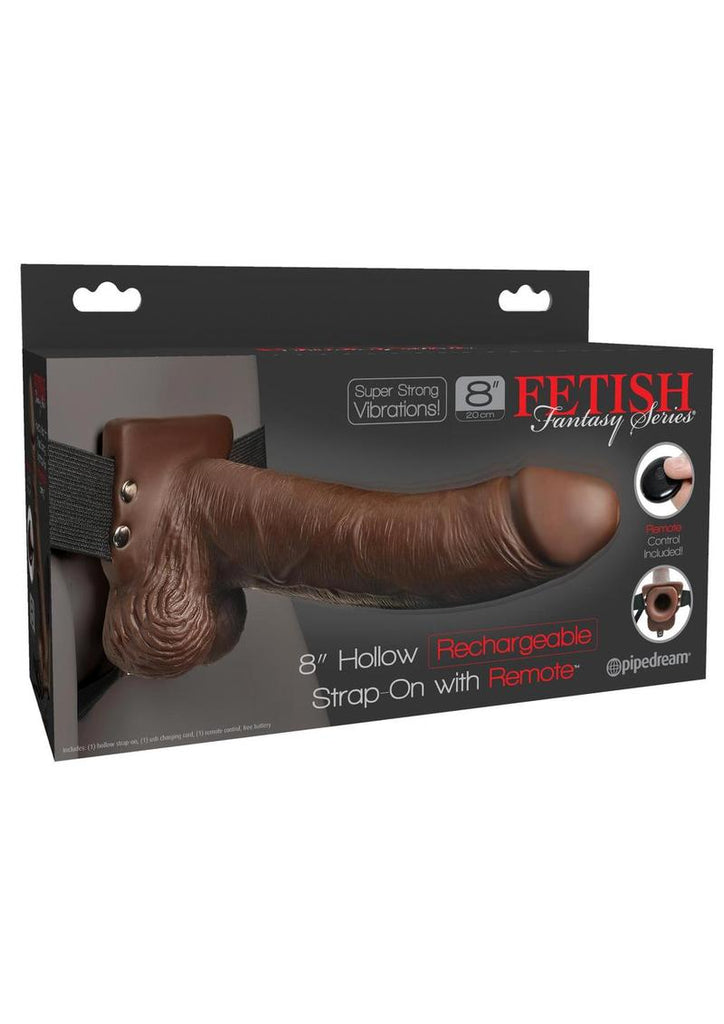 Fetish Fantasy Series Rechargeable Hollow Strap-On Dildo with Balls and Harness with Wireless Remote Control - Chocolate - 8in