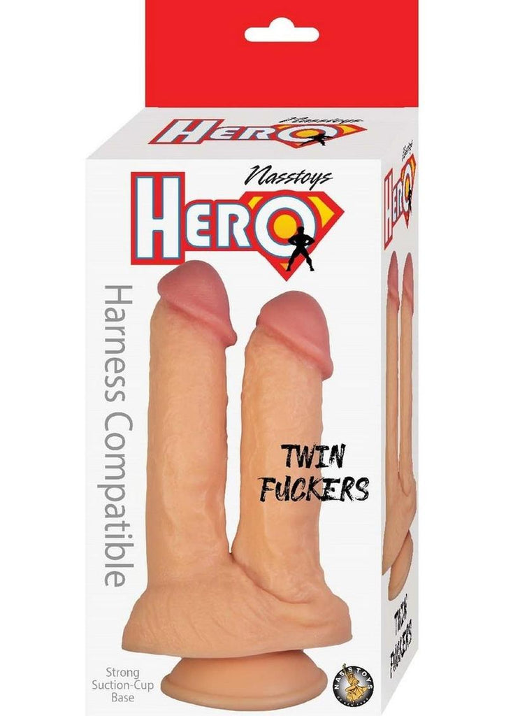 Hero Twin Fuckers Double Dildo with Suction Cup - Vanilla