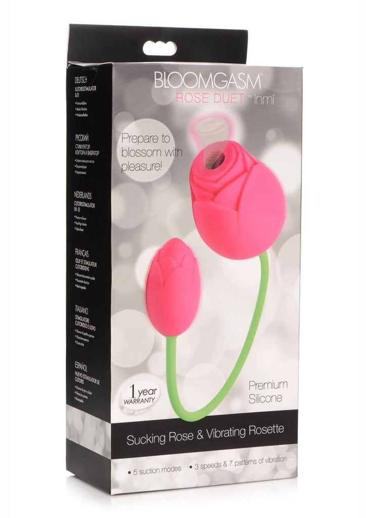 Inmi Bloomgasm Rose Duet 15x Silicone Rechargeable Vibrating and Sucking Clit Stimulator - Pink