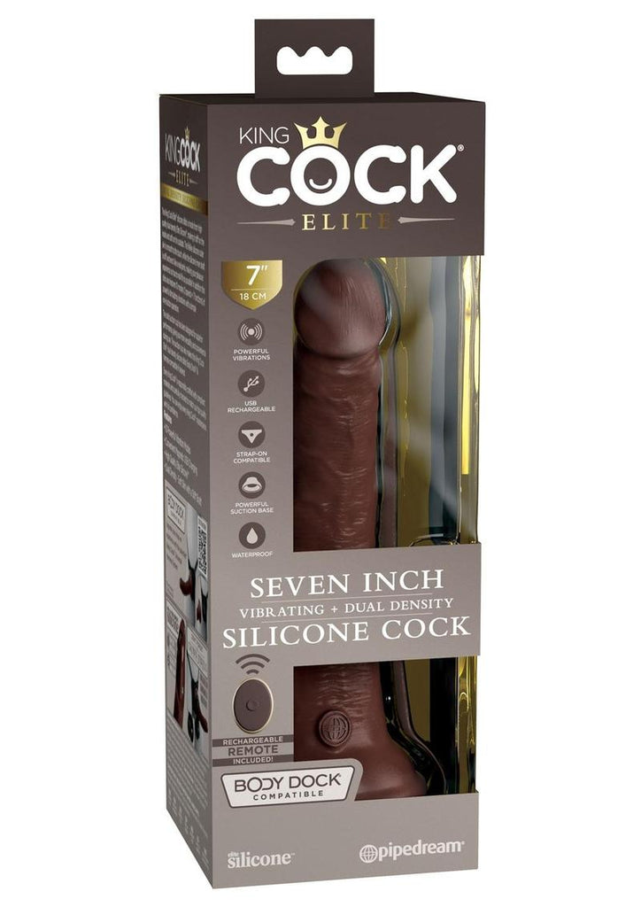 King Cock Elite Dual Density Vibrating Rechargeable Silicone Dildo with Remote Control - Chocolate - 7in