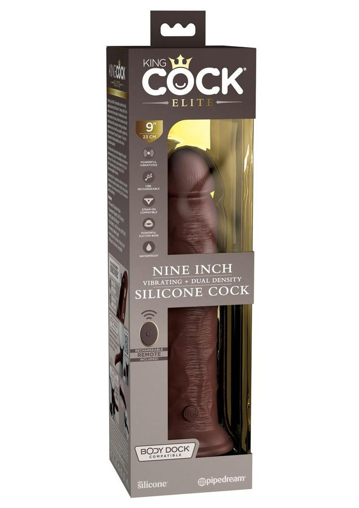 King Cock Elite Dual Density Vibrating Rechargeable Silicone Dildo with Remote Control Dildo - Chocolate - 9in