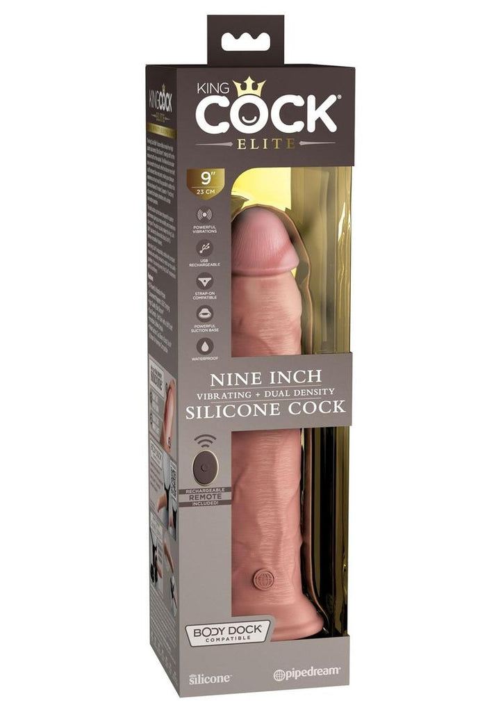 King Cock Elite Dual Density Vibrating Rechargeable Silicone Dildo with Remote Control Dildo - Vanilla - 9in