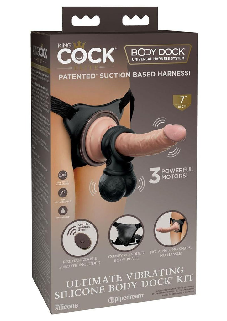 King Cock Elite Ultimate Vibrating Rechargeable Silicone Body Dock Kit with Vibrating Crown Jewels and Remote Control Dildo - Black/Vanilla - 8in