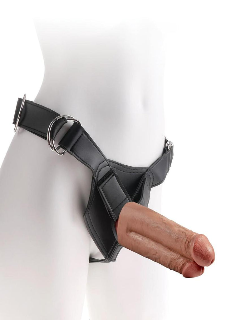 King Cock Strap-On Harness with Two Dildos One Hole - Black/Brown/Caramel - 7in