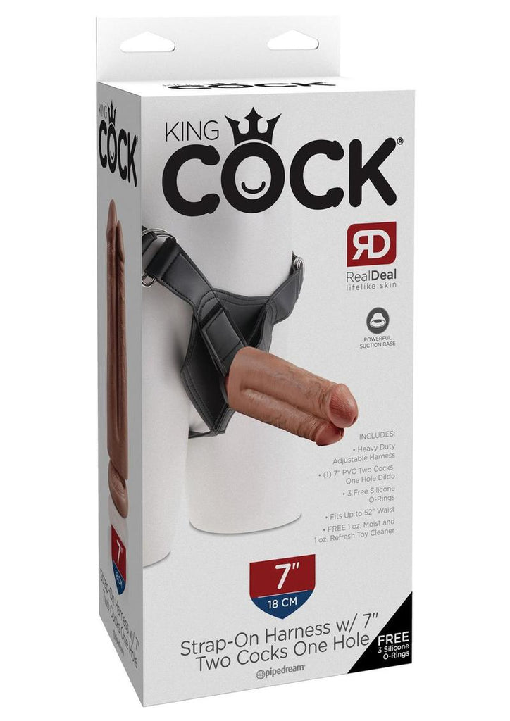 King Cock Strap-On Harness with Two Dildos One Hole - Black/Brown/Caramel - 7in