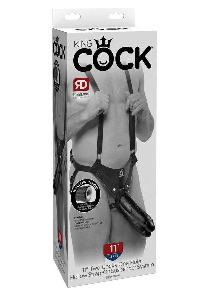 King Cock Two Dildos One Hole Hollow Strap-On Suspender System - Black - 11in