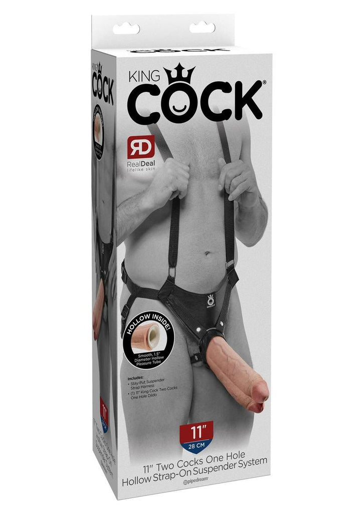 King Cock Two Dildos One Hole Hollow Strap-On Suspender System - Black/Flesh/Vanilla - 11in