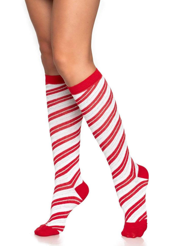 Leg Avenue Candy Cane Lurex Knee High Socks - Red/White - One Size