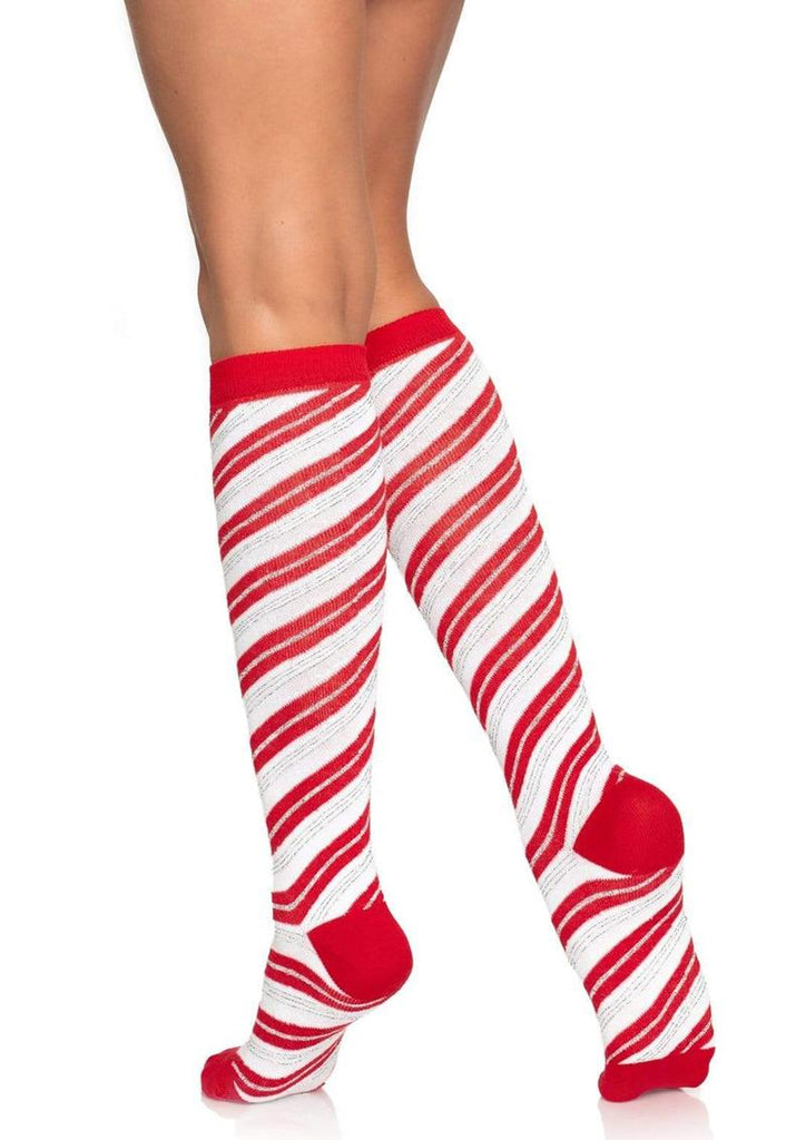 Leg Avenue Candy Cane Lurex Knee High Socks - Red/White - One Size