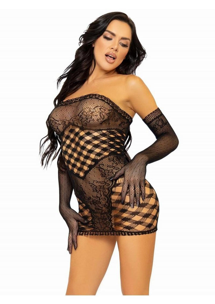 Leg Avenue Hardcore Net Tube Dress with Lace Accent and Matching Gloves - Black - One Size - 2 Piece