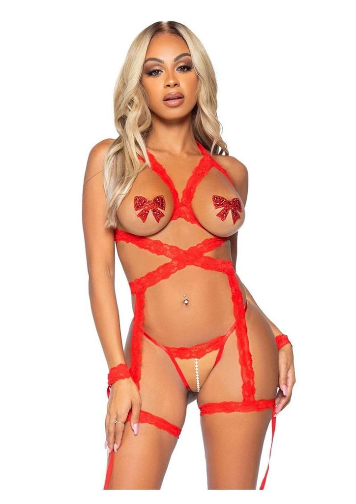 Leg Avenue Lace Halter Cami Garter with Open Cups, Crotchless Pearl G-String, and Lace Restraint Cuffs - Red - One Size - 3 Piece