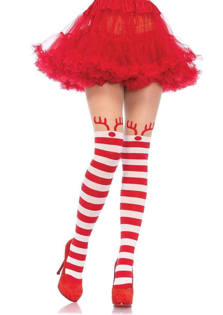 Leg Avenue Rudolph Reindeer Opaque Striped Pantyhose with Sheer Thigh High - Red/White - One Size