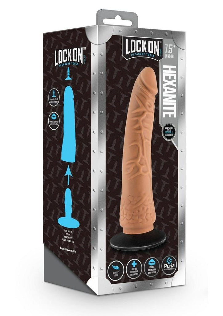 Lock On Hexanite Dildo with Suction Cup Adapter - Caramel - 7.5in