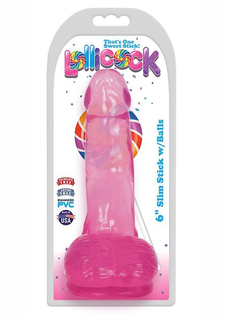 Lollipop Slim Stick Dildo with Balls - Cherry Ice - 6in