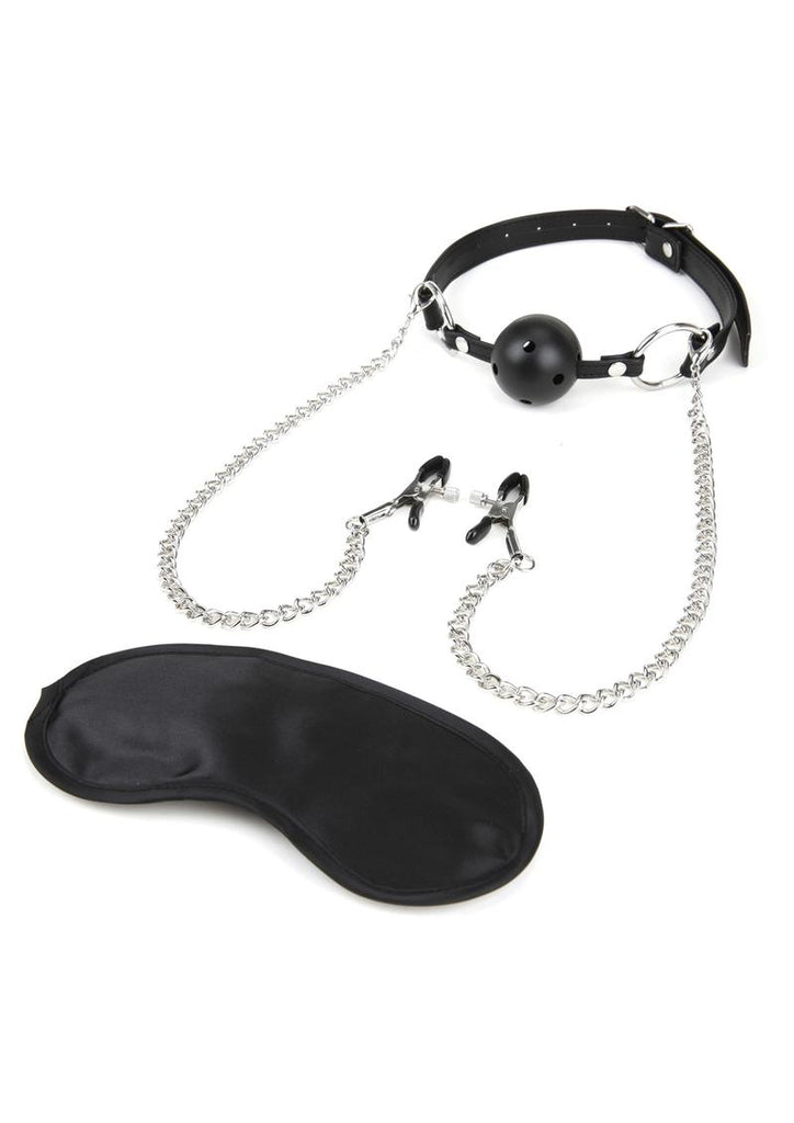 Lux Fetish Breathable Ball Gag with Nipple Clamps Adjustable - Black