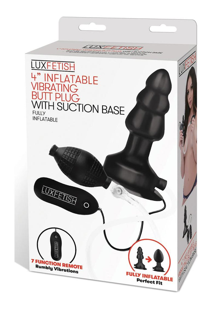 Lux Fetish Inflatable Vibrating Butt Plug with Suction Base and Remote Control - Black - 4in