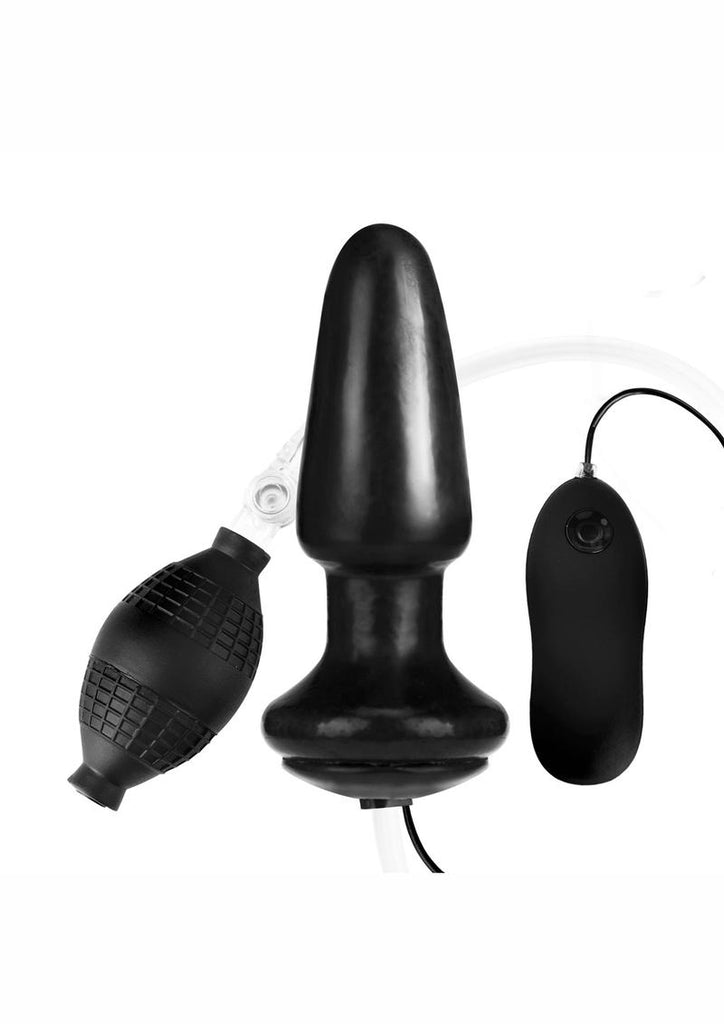 Lux Fetish Latex Inflatable Vibrating Butt Plug with Wired Remote Control - Black - 4in