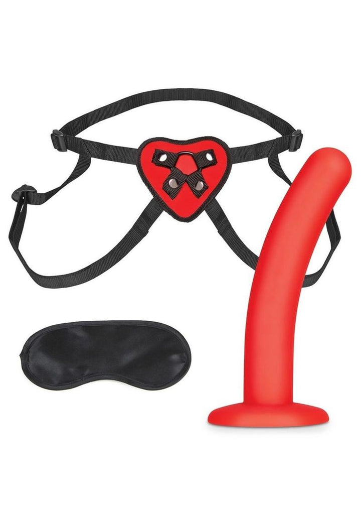 Lux Fetish Red Heart Strap-On Harness and Silicone Dildo - Black/Red - 5in - Set