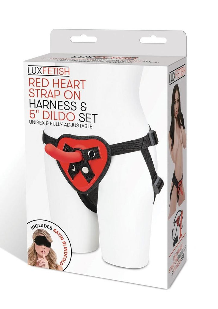 Lux Fetish Red Heart Strap-On Harness and Silicone Dildo - Black/Red - 5in - Set