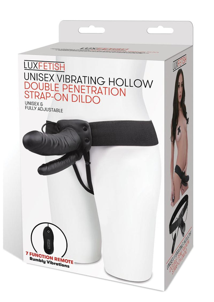 Lux Fetish Unisex Vibrating Hollow Double Penetration Strap-On Dildo with Wired Remote Control - Black - 9in