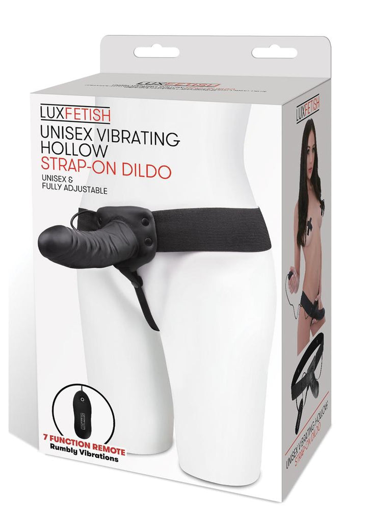 Lux Fetish Unisex Vibrating Hollow Strap-On Dildo with Wired Remote Control - Black - 9in