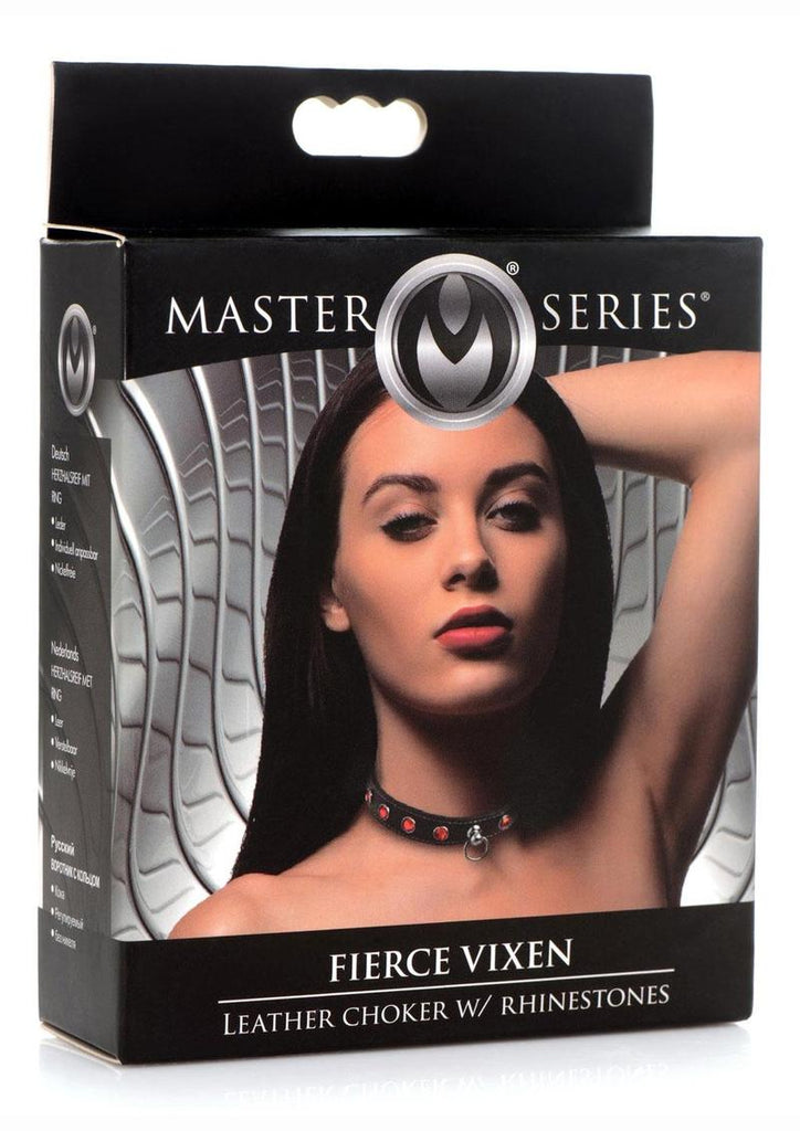 Master Series Fierce Vixen Leather Collar with Rhinestones - Black/Red