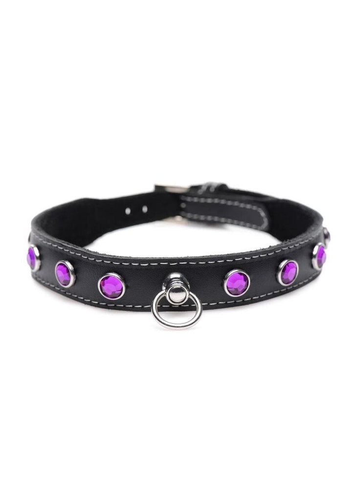 Master Series Leather Collar with Rhinestones - Black/Purple