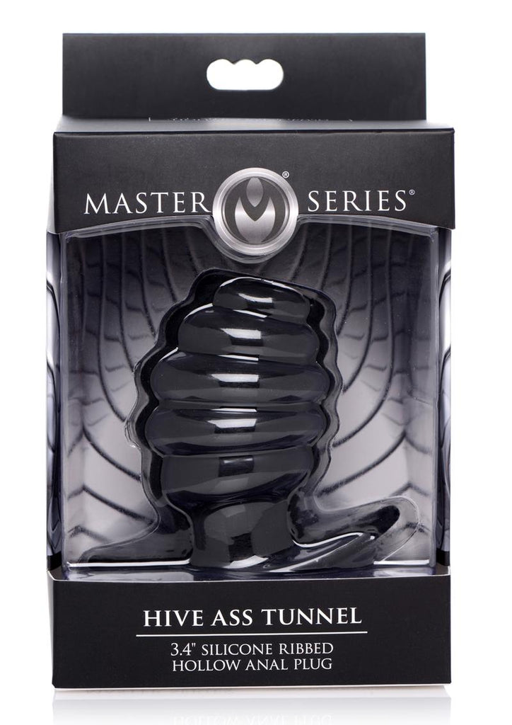 Master Series Silicone Ribbed Hollow Anal Plug - Black - Medium