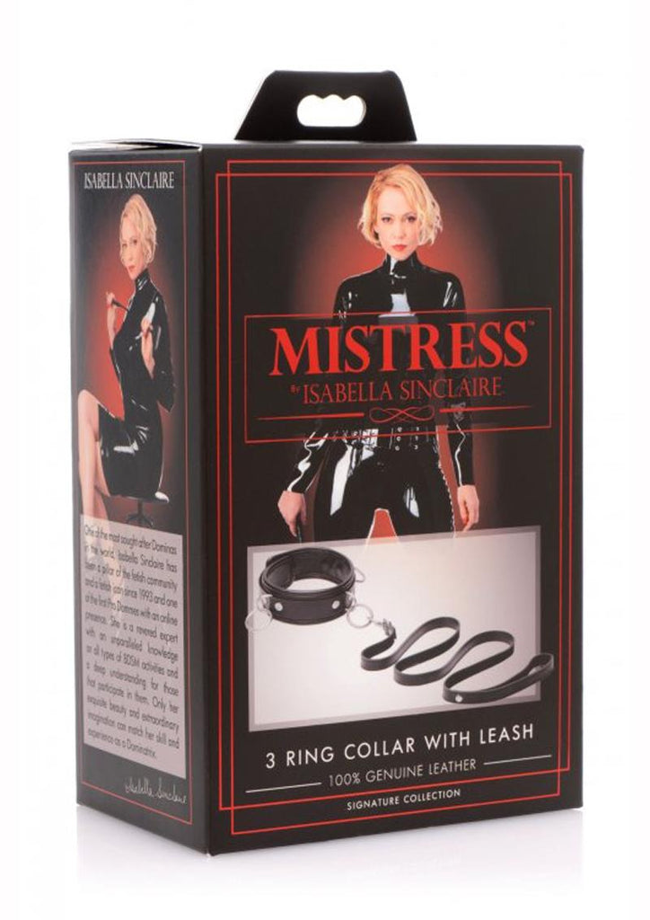 Mistress By Isabella Sinclaire Leather 3 Ring Collar with Leash - Black/Metal