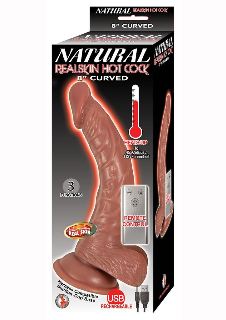 Natural Realskin Hot Cock Curved Warming Rechargeable Dildo - Brown/Chocolate - 8in