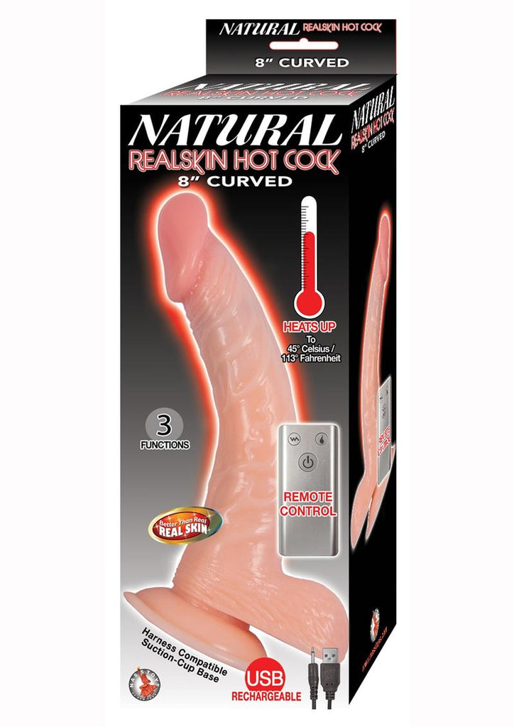 Natural Realskin Hot Cock Curved Warming Rechargeable Dildo - Flesh/Vanilla - 8in