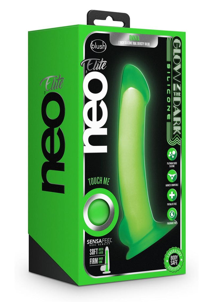 Neo Elite Glow In The Dark Omnia Silicone Dual Dense Dildo - Glow In The Dark/Green/Neon Green - 7in