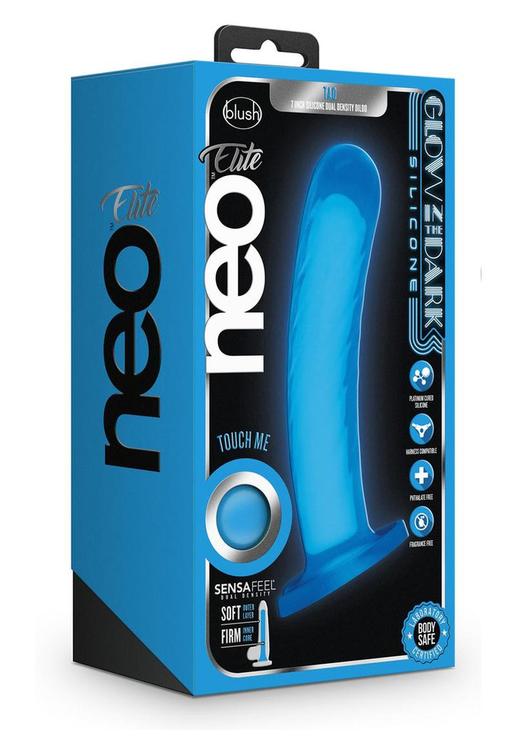 Neo Elite Glow In The Dark Tao Silicone Dual Dense Dildo - Blue/Glow In The Dark/Neon Blue - 7in