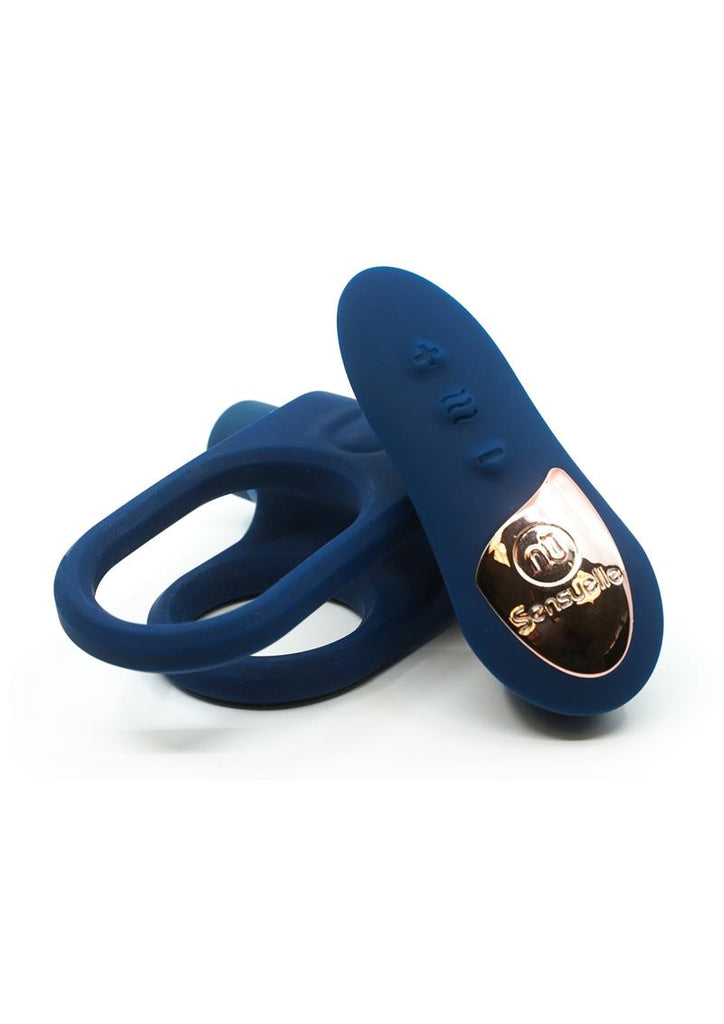 Nu Sensuelle Silicone Bullet Ring Xlr8 Rechargeable Vibrating Cock Ring with Remote Control - Blue/Navy Blue