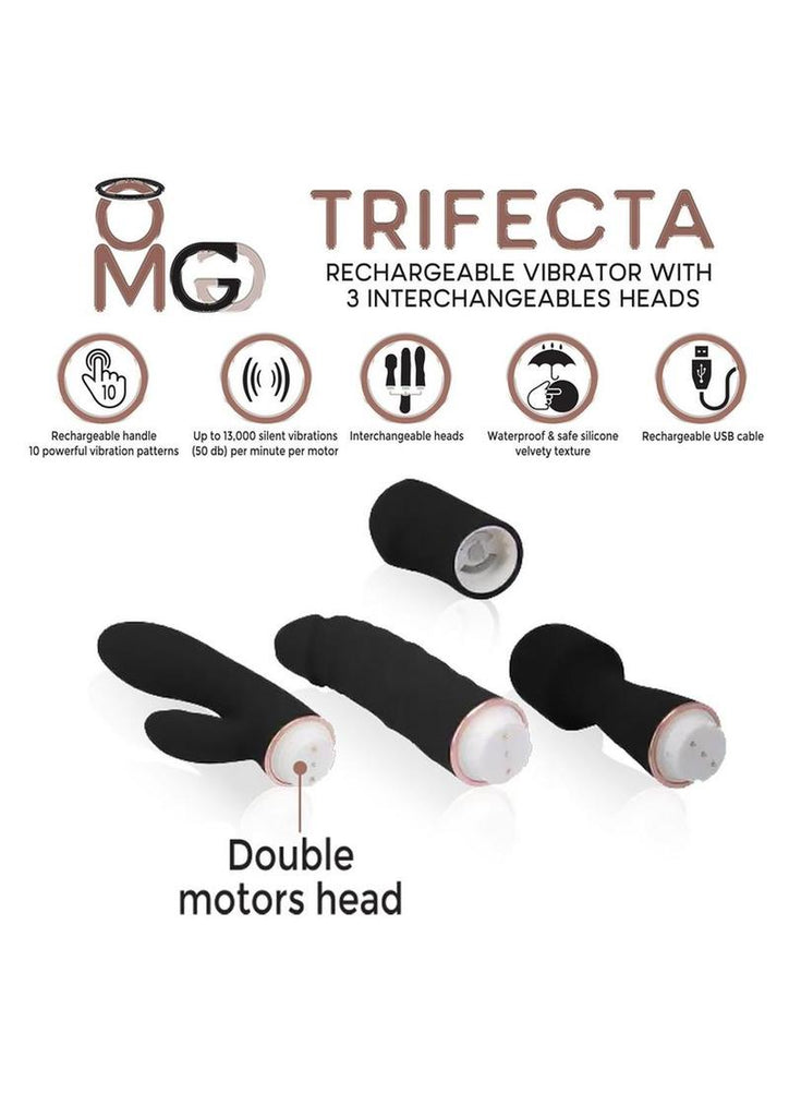 Omg Trifecta Rechargeable Vibrators with 3 Head Attachments - Black